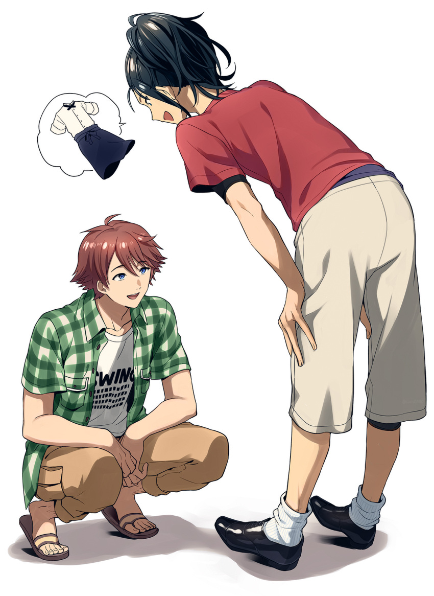 2boys :d akiyama_hiroyuki bangs black_footwear black_hair blue_eyes brown_hair brown_pants clothes_writing commentary_request employee_uniform eye_contact green_hair green_shirt hair_between_eyes hands_on_own_knees haru_(no_thank_you!!!) high_ponytail highres leaning_forward leg_hair looking_at_another male_focus multiple_boys no_thank_you!!! open_clothes open_mouth open_shirt pants plaid plaid_shirt red_shirt sandals sayshownen shadow shiny shiny_hair shirt shoes short_hair short_sleeves smile socks speech_bubble spoken_object squatting standing striped striped_legwear uniform vertical-striped_legwear vertical_stripes white_shirt