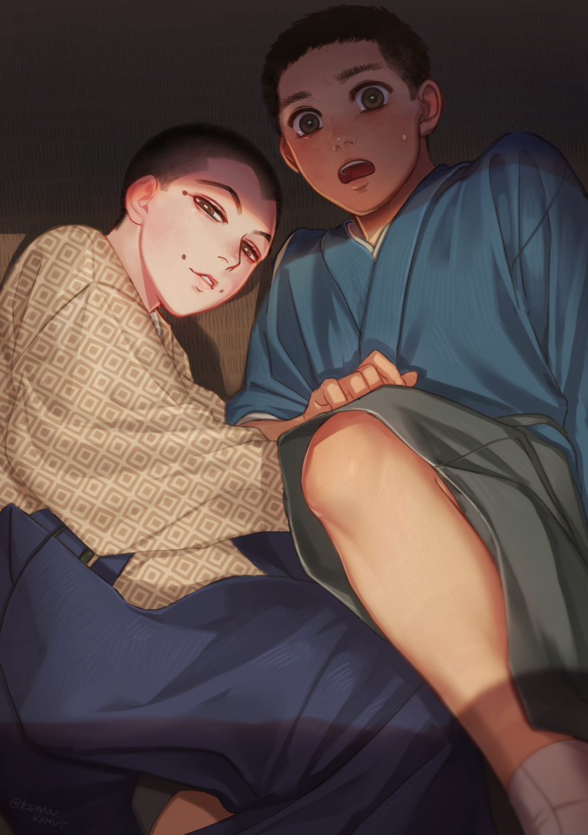 2boys :o absurdres artist_name brown_eyes golden_kamuy hakama highres indoors japanese_clothes kimono looking_at_viewer male_focus mole mole_above_mouth multiple_boys reman_kamuy sweat sweatdrop takagi_tomoharu usami_tokishige younger