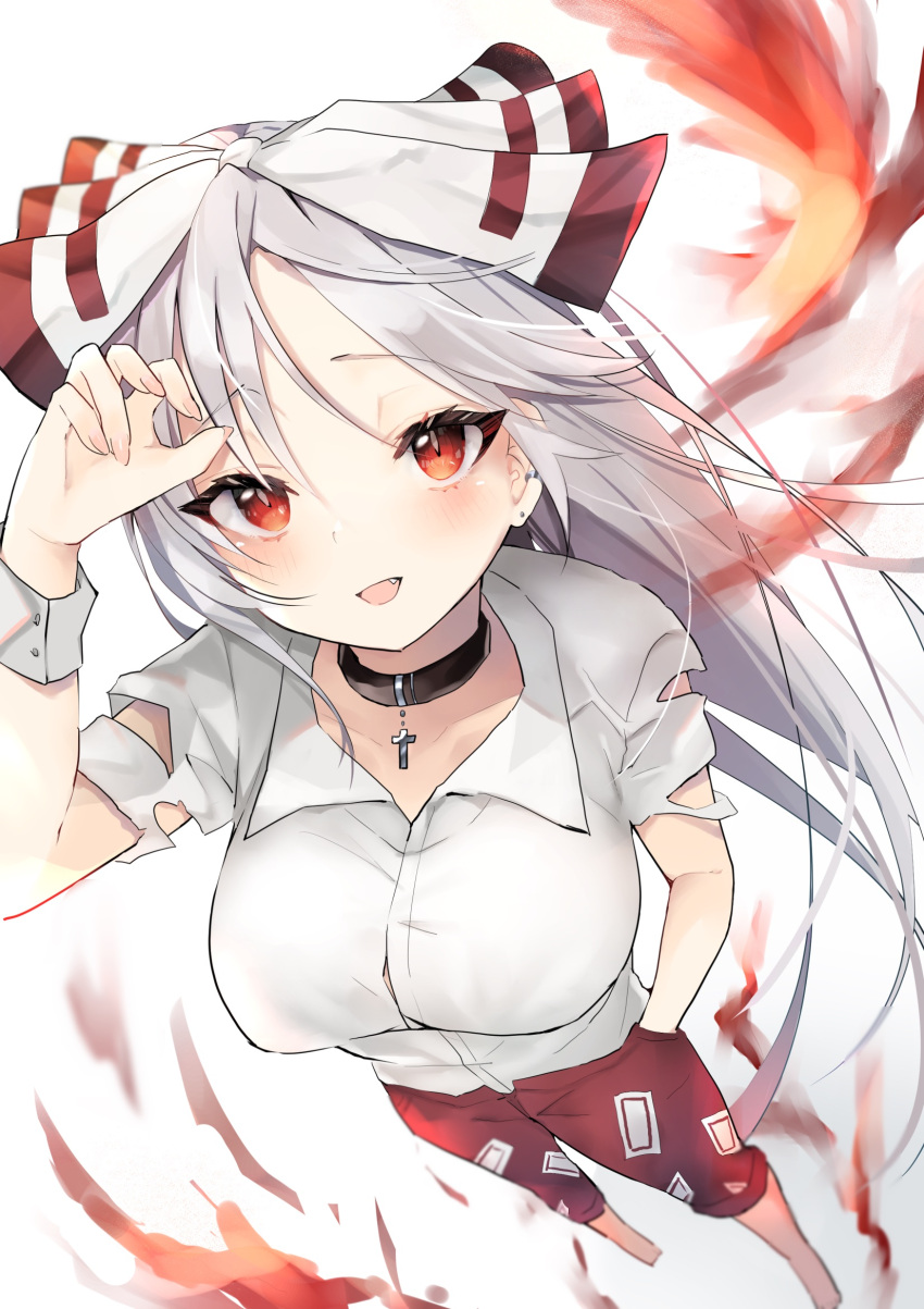 1girl bangs barefoot black_choker breasts buttons choker collarbone collared_shirt cross_choker dutch_angle earrings fang from_above fujiwara_no_mokou highres hiiro60 jewelry large_breasts long_hair looking_at_viewer open_mouth pants pants_rolled_up red_eyes red_pants shirt short_sleeves simple_background smile solo standing swept_bangs symbol_commentary torn_clothes torn_sleeves touhou white_background white_hair white_shirt wrist_cuffs