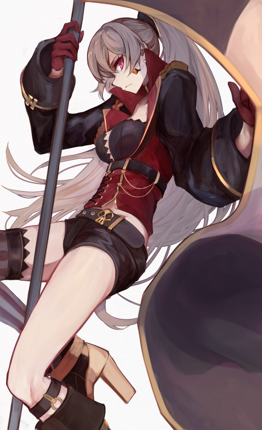 1girl azur_lane belt black_shorts breasts closed_mouth earrings eyebrows_visible_through_hair flag gloves grey_hair highres holding holding_flag jacket jean_bart_(azur_lane) jewelry long_hair looking_at_viewer marshall_k medium_breasts ponytail red_gloves serious shoes shorts single_thighhigh solo thigh-highs violet_eyes white_background