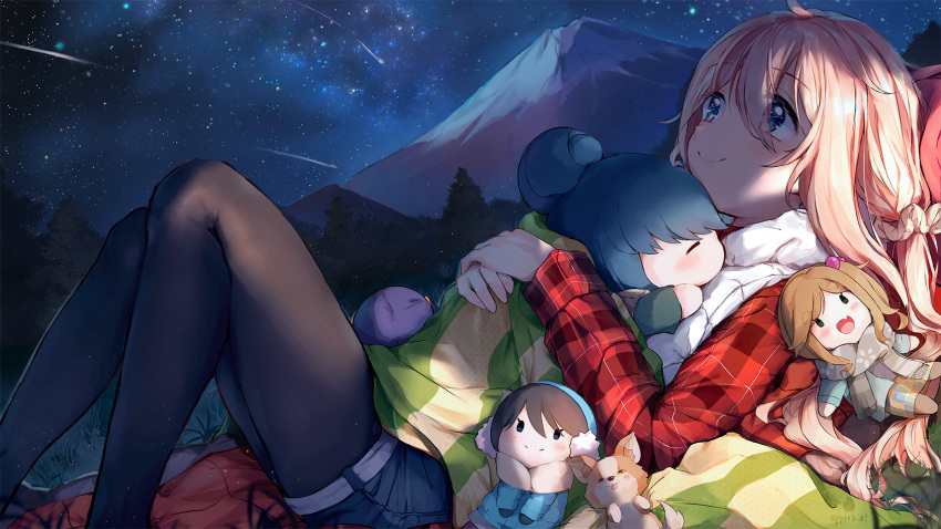 5girls :d animal backpack bag bangs black_hair black_legwear blanket blue_eyes blue_hair blush brown_hair chikuwa_(yurucamp) closed_eyes closed_mouth denim denim_shorts dog doll earmuffs eyebrows_visible_through_hair fang forest grass green_eyes hair_between_eyes hair_bobbles hair_bun hair_ornament hairband hands_together highres holding holding_doll inuyama_aoi jacket kagamihara_nadeshiko logo long_hair long_sleeves looking_away mount_fuji multiple_girls nature object_hug oogaki_chiaki open_mouth outdoors pantyhose pink_backpack pink_hair plaid plaid_shirt plaid_skirt purple_hair red_shirt ringosutta saitou_ena scarf shima_rin shirt shooting_star short_hair shorts side_ponytail signature skin_fang skirt sky smile star_(sky) starry_sky sweater swept_bangs thick_eyebrows tied_hair tongue tongue_out twintails vest white_vest yurucamp