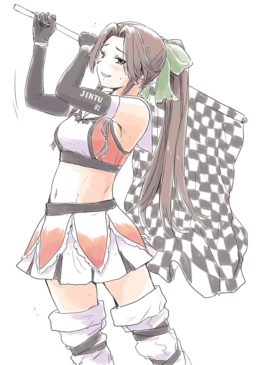 1girl adapted_costume alternate_hairstyle black_gloves brown_eyes brown_hair character_name checkered checkered_flag cowboy_shot elbow_gloves flag from_side gloves half_updo highres holding holding_flag jintsuu_(kantai_collection) kantai_collection long_hair looking_at_viewer midriff navel ponytail simple_background skirt solo thigh-highs vent_arbre white_background
