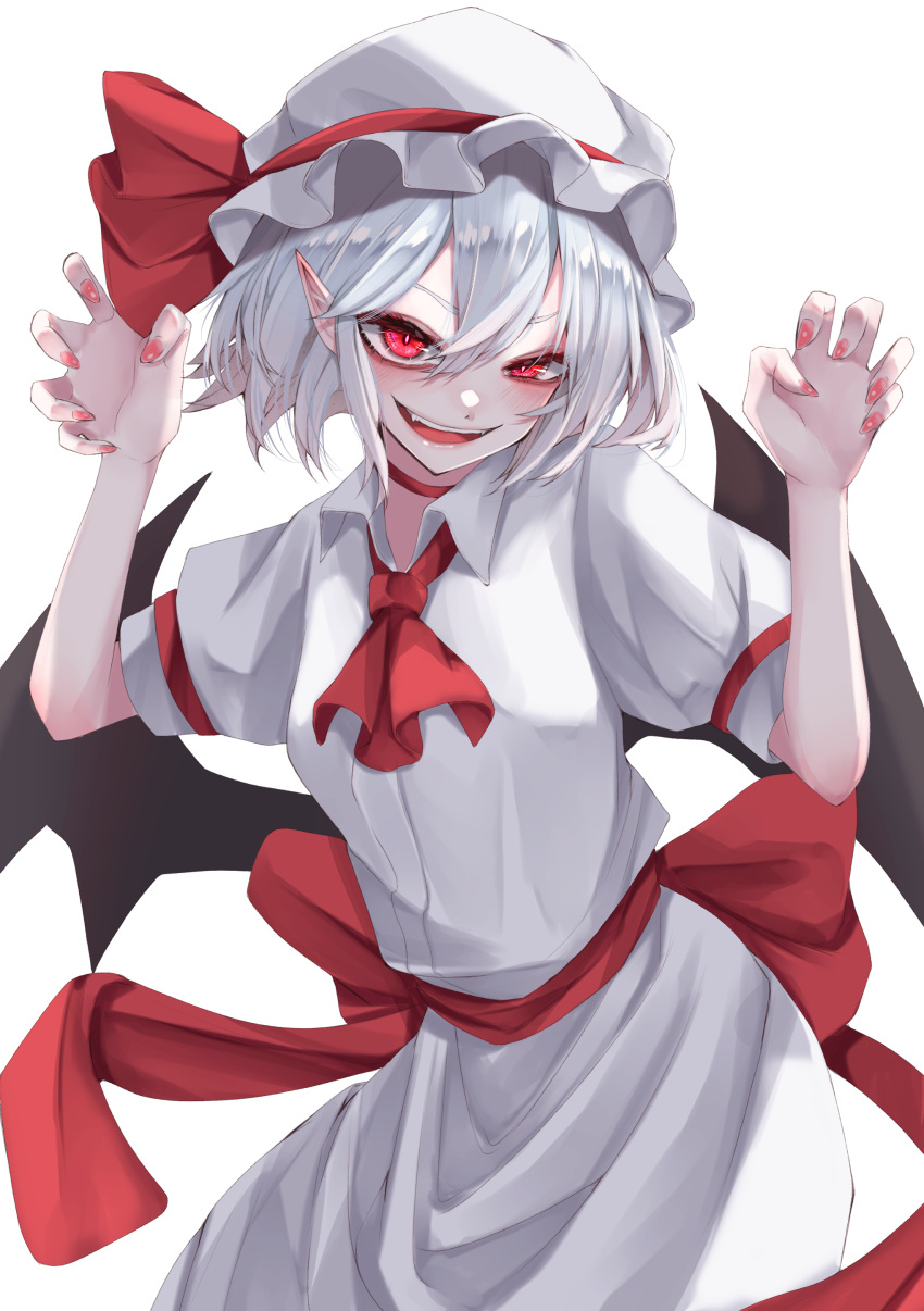 1girl absurdres bangs bat_wings claw_pose cowboy_shot cravat dress eyelashes eyes fall_dommmmmer fangs fingernails hair_between_eyes hat hat_ribbon highres mob_cap nail_polish open_mouth pointy_ears puffy_short_sleeves puffy_sleeves red_eyes red_nails remilia_scarlet ribbon sash short_hair short_sleeves silver_hair simple_background smile smirk solo touhou upper_teeth v-shaped_eyebrows w_arms white_background wings