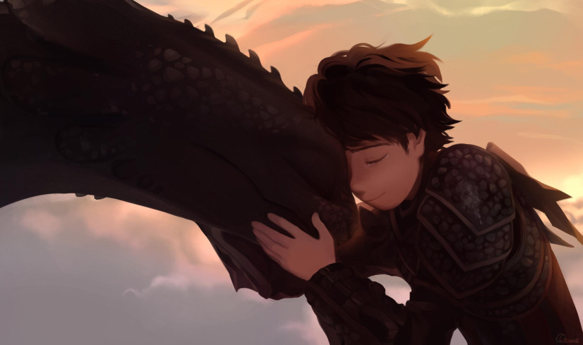 1boy armor brown_hair closed_eyes closed_mouth clouds cloudy_sky crying dragon english_commentary hiccup_horrendous_haddock_iii highres how_to_train_your_dragon how_to_train_your_dragon_3 male_focus qiinamii short_hair sky smile tears toothless