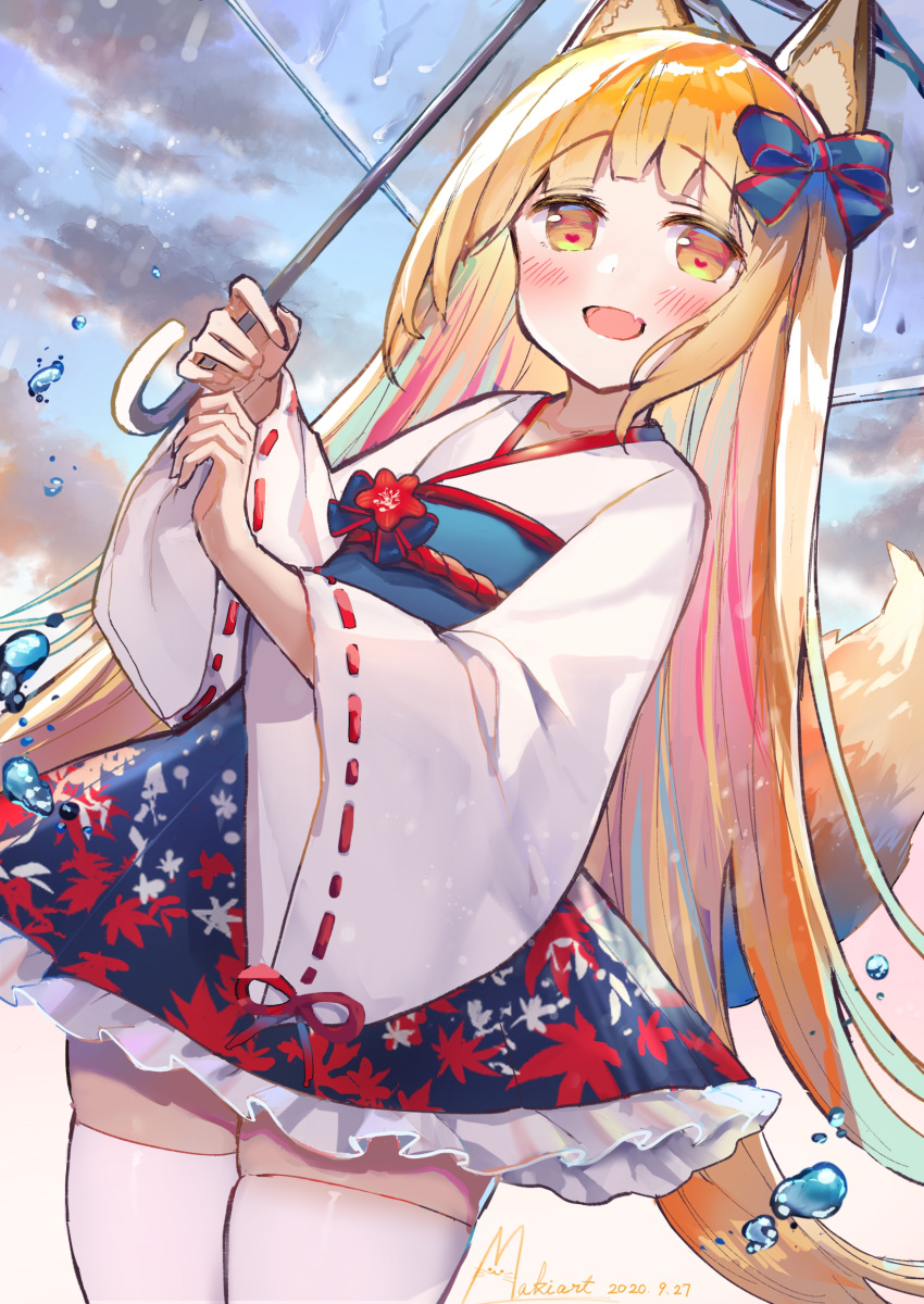 1girl :d absurdres bangs blonde_hair blue_bow blue_hair blue_skirt blush bow brown_eyes commentary_request day dutch_angle eyebrows_visible_through_hair fang flower frilled_skirt frills hair_bow heart heart-shaped_pupils highres holding holding_umbrella japanese_clothes kimono leaf_print long_hair long_sleeves looking_at_viewer makiaato multicolored_hair open_mouth original outdoors pink_hair print_skirt red_flower ribbon-trimmed_sleeves ribbon_trim skindentation skirt smile solo streaked_hair symbol-shaped_pupils thigh-highs transparent transparent_umbrella umbrella very_long_hair water_drop white_kimono white_legwear wide_sleeves