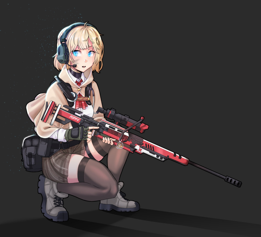 1girl absurdres apex_legends blonde_hair blue_eyes english_commentary grey_background gun highres holding holding_gun holding_weapon hololive hololive_english inktswish kraber looking_back one_knee open_mouth rifle short_hair sniper_rifle solo virtual_youtuber watson_amelia weapon