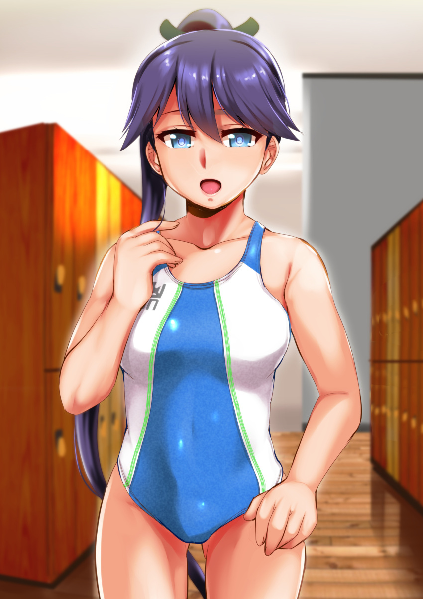 1girl absurdres black_hair blue_eyes blue_swimsuit breasts collarbone commentary_request competition_swimsuit covered_navel cowboy_shot highleg highleg_swimsuit highres houshou_(kantai_collection) indoors kantai_collection locker locker_room looking_at_viewer medium_breasts one-piece_swimsuit open_mouth ponytail room solo swimsuit two-tone_swimsuit white_swimsuit yellow_quokka