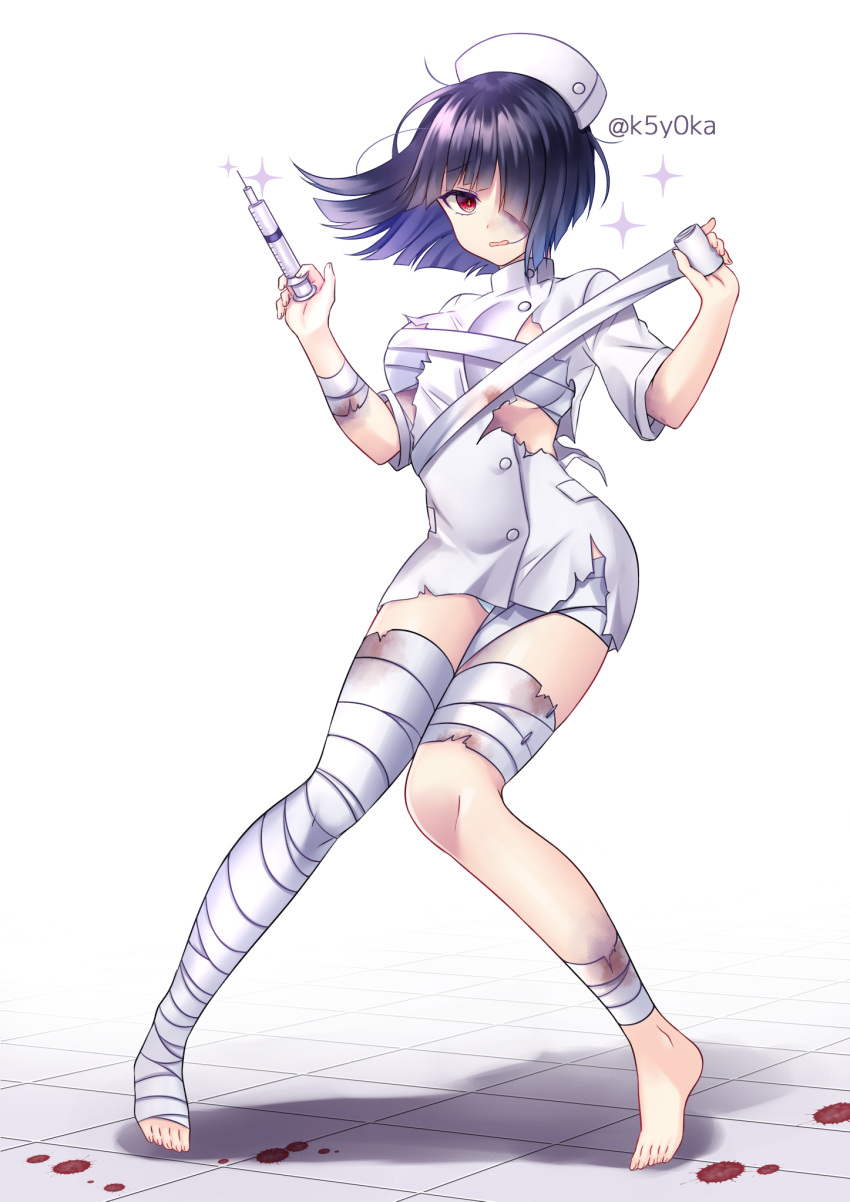 1girl artist_name bandage_over_one_eye bandaged_arm bandaged_head bandaged_leg bandages bandaid bangs black_hair blood colored_inner_hair commentary_request full_body hair_over_one_eye hands_up hat highres holding holding_bandages holding_syringe jacket knees_together_feet_apart koyoka looking_at_viewer multicolored_hair naked_bandage nurse nurse_cap original purple_hair red_eyes short_hair short_sleeves solo symbol_commentary syringe tile_floor tiles torn_jacket uniform white_jacket