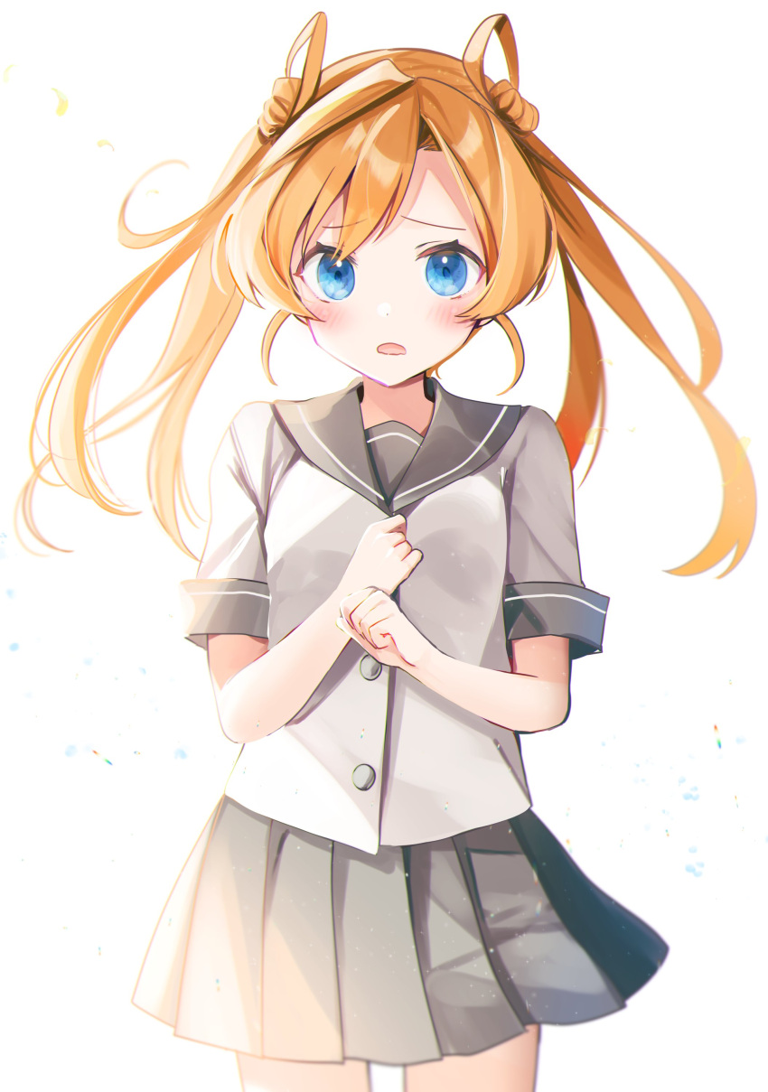 1girl absurdres abukuma_(kantai_collection) bangs blonde_hair blue_eyes blush double_bun eyebrows_visible_through_hair grey_sailor_collar grey_skirt hair_rings highres kantai_collection long_hair open_mouth pleated_skirt sailor_collar school_uniform serafuku short_sleeves simple_background skirt solo white_background yunamaro