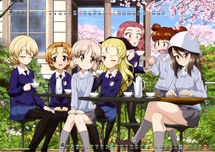 6+girls :d :o absurdres aki_(girls_und_panzer) assam_(girls_und_panzer) bangs black_legwear black_neckwear blonde_hair blue_cardigan blue_eyes blue_skirt blue_sky bow braid braided_bun brown_eyes brown_hair bush calendar_(medium) cardigan cherry_blossoms cherry_tree closed_eyes closed_mouth collared_shirt crossed_legs cup darjeeling_(girls_und_panzer) day eyebrows_visible_through_hair feet_out_of_frame flower girls_und_panzer grey_cardigan grey_footwear grey_legwear grey_skirt hair_bow hair_ornament hands_on_own_knees hat highres holding holding_cup house instrument kantele keizoku_school_uniform knees_together_feet_apart light_brown_hair long_hair long_sleeves medium_hair mika_(girls_und_panzer) mikko_(girls_und_panzer) multiple_girls necktie official_art one_eye_closed open_mouth orange_hair orange_pekoe_(girls_und_panzer) outdoors pantyhose pleated_skirt red_eyes rosehip_(girls_und_panzer) saucer school_uniform shirt short_hair short_twintails sitting skirt skirt_lift sky smile spilling st._gloriana's_school_uniform striped_cardigan sweater swept_bangs table teacup teapot thighs twintails white_shirt window