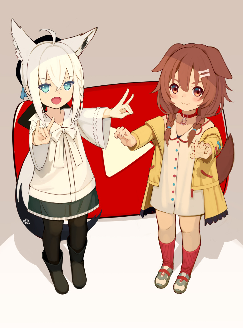 2girls :3 absurdres ahoge animal_ears black_footwear black_headwear black_legwear black_skirt blue_eyes bone_hair_ornament boots braid brown_eyes brown_hair child claw_pose collar dog_ears dog_tail double_fox_shadow_puppet dress fox_ears fox_shadow_puppet fox_tail full_body hair_ornament hat highres hololive inugami_korone jacket kneehighs long_hair low_twintails multiple_girls nijyuuhaku off_shoulder open_mouth outstretched_arms pantyhose pink_footwear ponytail red_legwear ribbon shirakami_fubuki shirt shoes short_dress skirt smile sneakers tail twin_braids twintails virtual_youtuber white_dress white_hair white_shirt yellow_jacket younger youtube youtube_logo