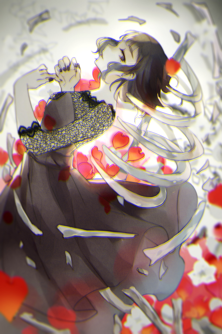 1girl absurdres akiya_(wls1906579) black_dress black_hair black_nails bone commentary dress falling_petals from_side grey_eyes heart highres otome_dissection_(vocaloid) petals ribs short_hair sideways_glance solo vocaloid