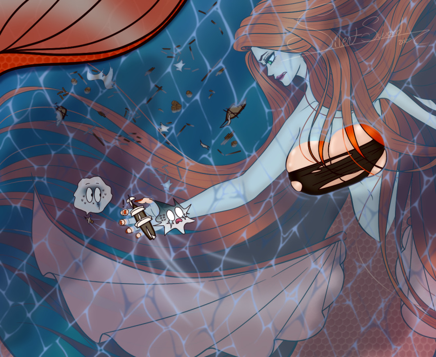 angry artist_name boat breasts giantess kneeless_mermaid large_breasts long_hair mermaid monster_girl orange_hair original ruins signature silentsword1121 size_difference torn_clothes watercraft