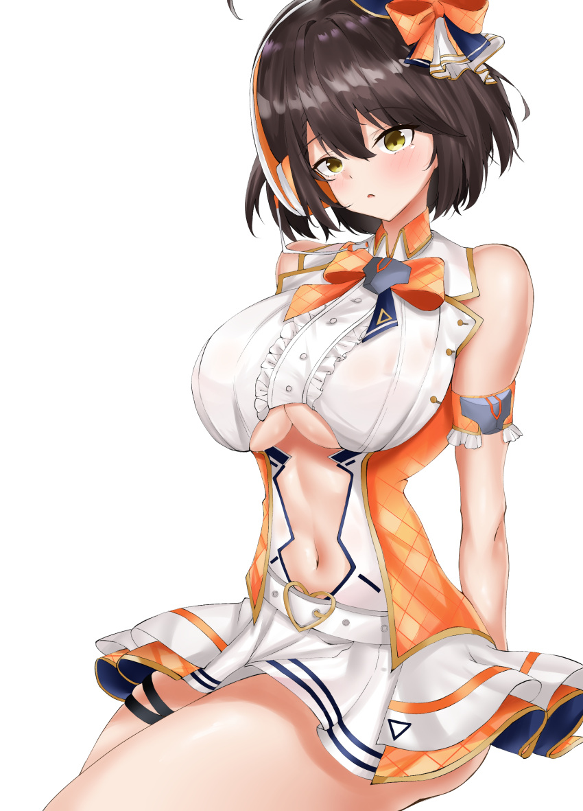 1girl absurdres arm_support azur_lane baltimore_(azur_lane) baltimore_(muse)_(azur_lane) belt bow breasts brown_hair center_opening clothing_cutout commentary hair_bow hamu_(yuni0349) heart_buckle high_collar highres huge_breasts looking_at_viewer medium_hair navel navel_cutout orange_bow sitting sleeveless solo thighs under_boob yellow_eyes