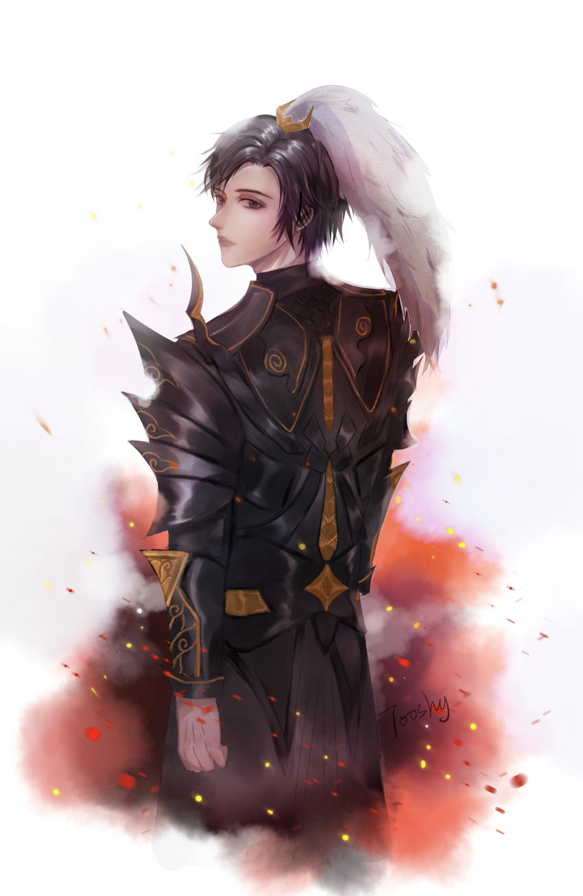 1boy absurdres arm_at_side armor artist_name black_armor black_hair highres jian_xia_qing_yuan_online_3 looking_at_viewer looking_back male_focus solo standing tooshy white_background