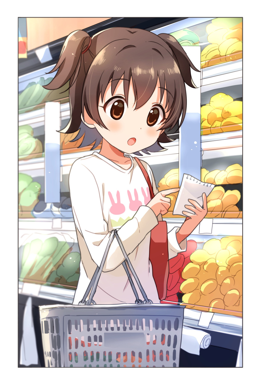 1girl :o absurdres akagi_miria brown_eyes brown_hair buchi_(y0u0ri_) commentary_request groceries highres idolmaster idolmaster_cinderella_girls indoors long_sleeves open_mouth print_shirt shelf shirt shopping shopping_basket short_hair solo supermarket t-shirt tote_bag two_side_up