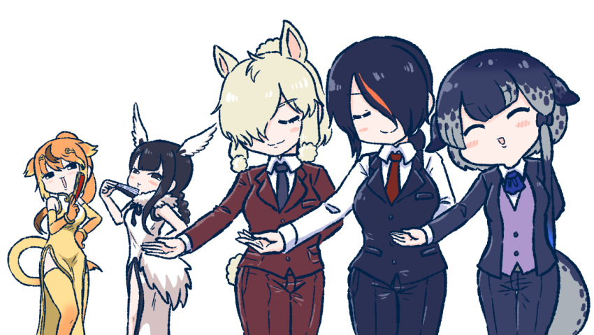 5girls alpaca_ears alpaca_girl alpaca_suri_(kemono_friends) alpaca_tail alternate_costume animal_ears bare_shoulders bird_girl bird_tail bird_wings black-headed_ibis_(kemono_friends) black_bow black_hair black_neckwear blonde_hair blue_neckwear blush bow bracelet braid brown_jacket brown_pants china_dress chinese_clothes circlet closed_eyes collared_shirt commentary_request dolphin_tail dress elbow_gloves emperor_penguin_(kemono_friends) fan folding_fan formal fur_collar gloves golden_snub-nosed_monkey_(kemono_friends) hair_bow hair_bun hair_over_one_eye hair_tubes head_wings jacket jewelry kemono_friends kotobuki_(tiny_life) long_hair long_ponytail long_sleeves monkey_ears monkey_girl monkey_tail multicolored_hair multiple_girls narwhal_(kemono_friends) neck_ribbon neck_ruff necktie orange_hair pants red_neckwear ribbon shirt short_hair short_ponytail sleeveless suit tail thigh-highs twin_braids vest white_dress white_fur white_hair white_shirt wings yellow_dress yellow_gloves yellow_legwear zettai_ryouiki