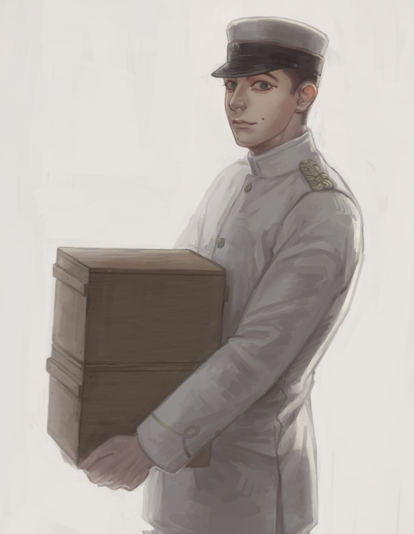 1boy absurdres black_eyes box golden_kamuy hat highres holding holding_box long_sleeves looking_at_viewer male_focus military military_hat military_uniform mole mole_above_mouth reman_kamuy solo standing uniform usami_tokishige white_background