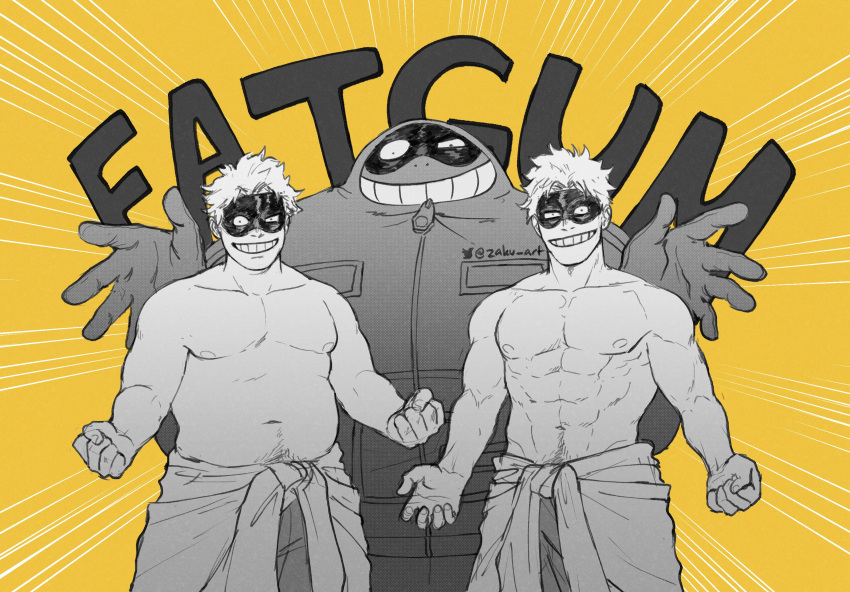 3boys abs bara belly blonde_hair bodysuit boku_no_hero_academia character_name chest clenched_hands clone english_text fat fat_man fatgum highres hood looking_at_viewer male_focus mask multiple_boys multiple_monochrome muscle navel navel_hair nipples outstretched_arms shirtless short_hair smile spread_arms zaku_art