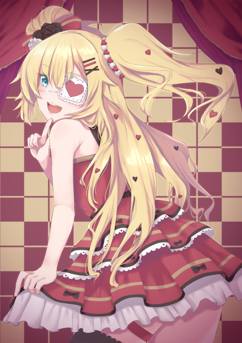 1girl :d akai_haato bandages black_legwear blonde_hair blue_eyes bow checkered checkered_background curtains dress eyepatch finger_to_mouth hair_bow highres hololive ichi-go long_hair open_mouth single_thighhigh skindentation sleeveless smile thigh-highs thigh_strap twintails virtual_youtuber