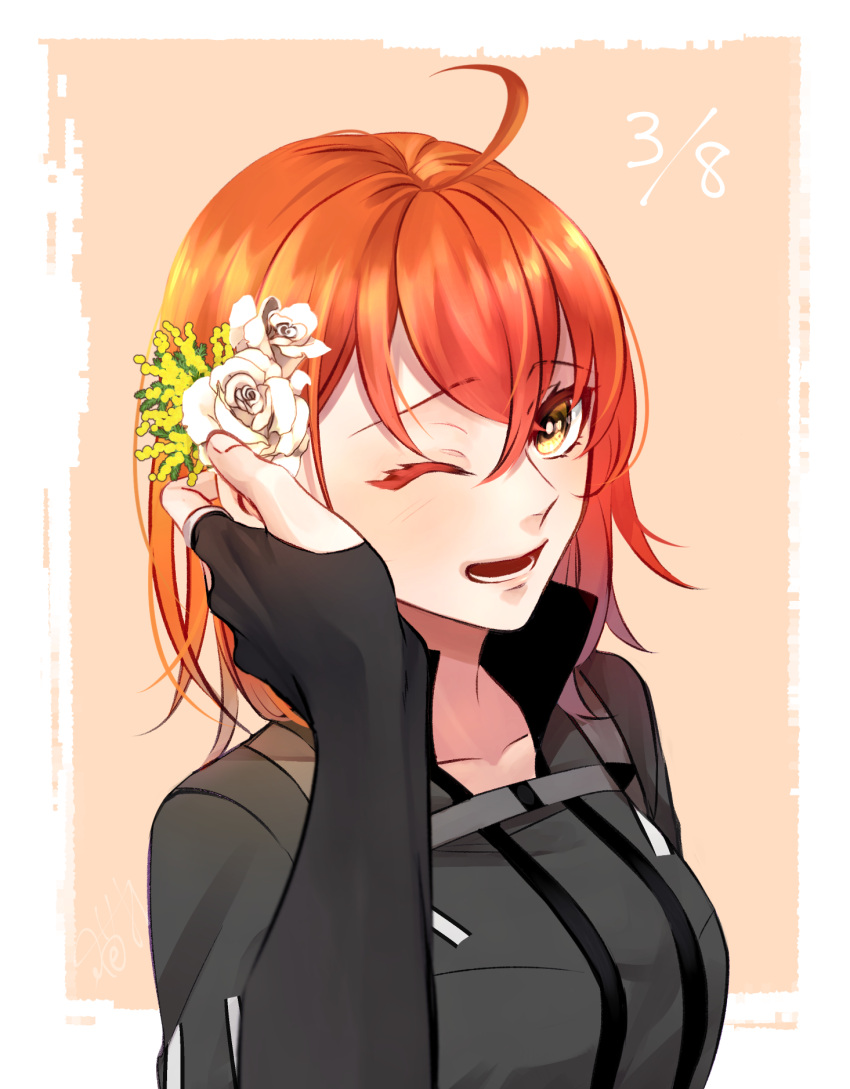 1girl ;d ahoge black_gloves black_jacket border collarbone fate/grand_order fate_(series) fingerless_gloves flower fujimaru_ritsuka_(female) gloves hair_flower hair_ornament highres jacket jewelry one_eye_closed open_mouth orange_hair outside_border redrabbit44 ring rose shiny shiny_hair short_hair smile solo upper_body white_border white_flower white_rose yellow_eyes