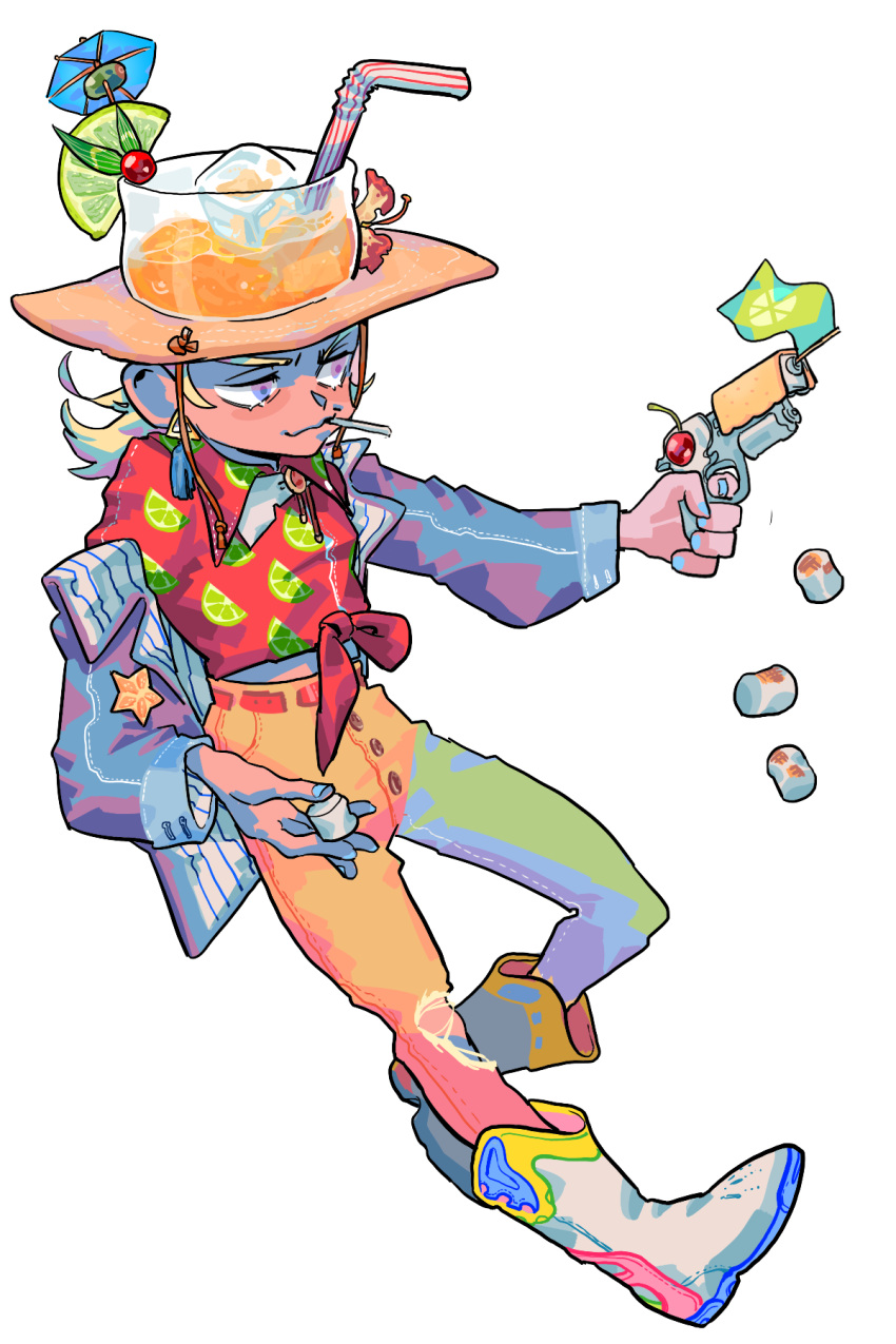 1boy alternate_costume belt blonde_hair boots bulzizzang collared_shirt cowboy_hat drinking_straw emperor_(stand) flower food full_body gun hat highres hol_horse holding holding_gun holding_weapon ice ice_cube jacket jojo_no_kimyou_na_bouken lime_print lime_slice long_hair long_sleeves marshmallow mouth_hold object_on_head pants print_shirt red_shirt shirt simple_background solo standing stardust_crusaders tied_shirt violet_eyes weapon white_background white_footwear yellow_pants