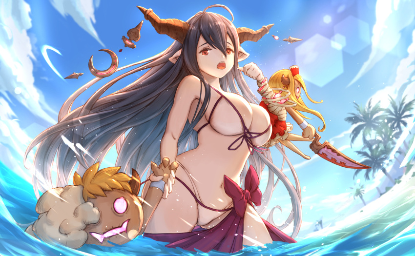 1girl ahoge bandaged_arm bandages bikini black_hair blue_sky breasts clouds danua doll draph granblue_fantasy hair_between_eyes highres horns large_breasts long_hair looking_at_viewer navel open_mouth palm_tree partially_submerged red_eyes sky swimsuit tenshin_kagehisa tree white_bikini