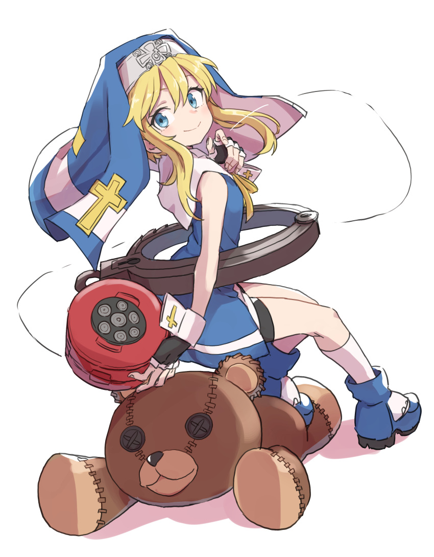 1boy absurdres bike_shorts black_gloves blonde_hair blue_eyes blue_footwear bridget_(guilty_gear) closed_mouth fingerless_gloves full_body gazacy_(dai) gloves guilty_gear highres looking_at_viewer nun otoko_no_ko shoes short_hair_with_long_locks simple_background sitting sleeveless smile solo stuffed_animal stuffed_toy teddy_bear white_background yo-yo