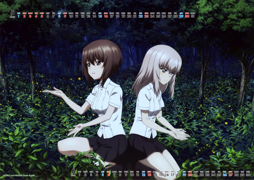 2girls absurdres bangs bare_thighs black_footwear black_skirt brown_eyes brown_hair calendar_(medium) closed_eyes collared_shirt eyebrows_visible_through_hair fireflies forest girls_und_panzer grey_eyes hand_up highres itsumi_erika kneeling kuromorimine_school_uniform leaf multiple_girls nature night nishizumi_maho official_art open_mouth pleated_skirt school_uniform shirt short_sleeves sidelocks silver_hair skirt skirt_lift smile squatting tree uniform untucked_shirt white_shirt