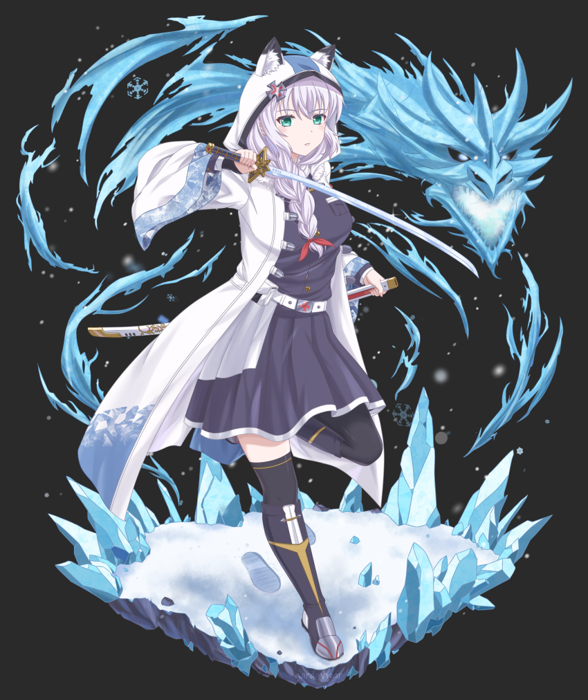 1girl absurdres animal_ears belt black_background black_legwear blue_dress boots braid breasts character_request commentary dragon dress fangs filigree footprints fox_ears fur-trimmed_collar gardavwar glowing_mouth green_eyes hair_over_shoulder hair_ribbon highres holding holding_sheath holding_sword holding_weapon ice katana kimetsu_no_yaiba knee_boots large_breasts long_hair looking_at_viewer magic maltese_cross monster open_clothes open_robe ribbon robe sheath snout snow snow_print snowflakes solo sword thigh-highs tress_ribbon weapon white_hair white_robe