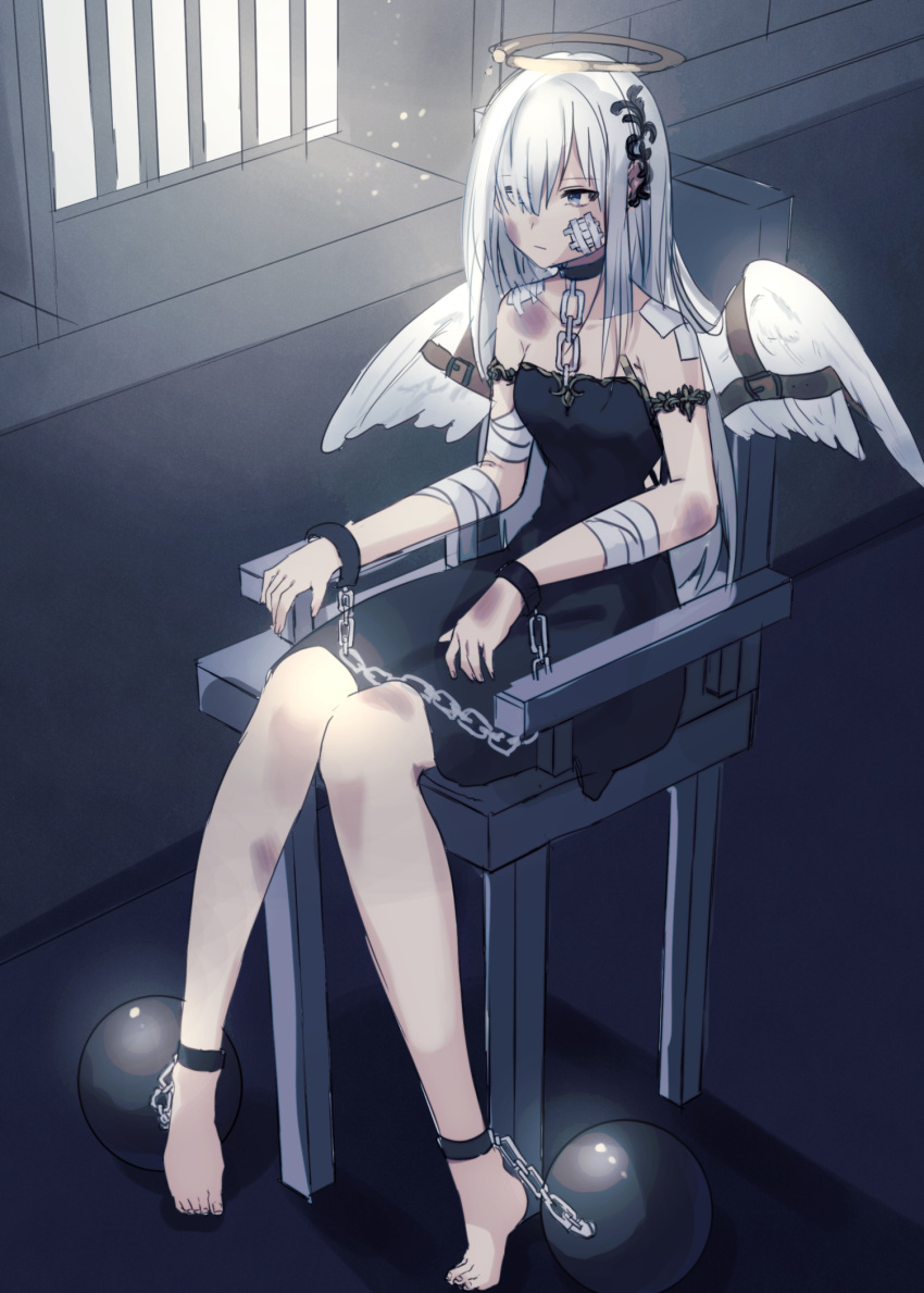 1girl angel angel_wings ball_and_chain_restraint bandages barefoot barred_window blue_eyes broken_halo bruise bruise_on_face chain chair collar cuffs halo handcuffs highres injury original punya restrained sitting white_hair white_wings wings