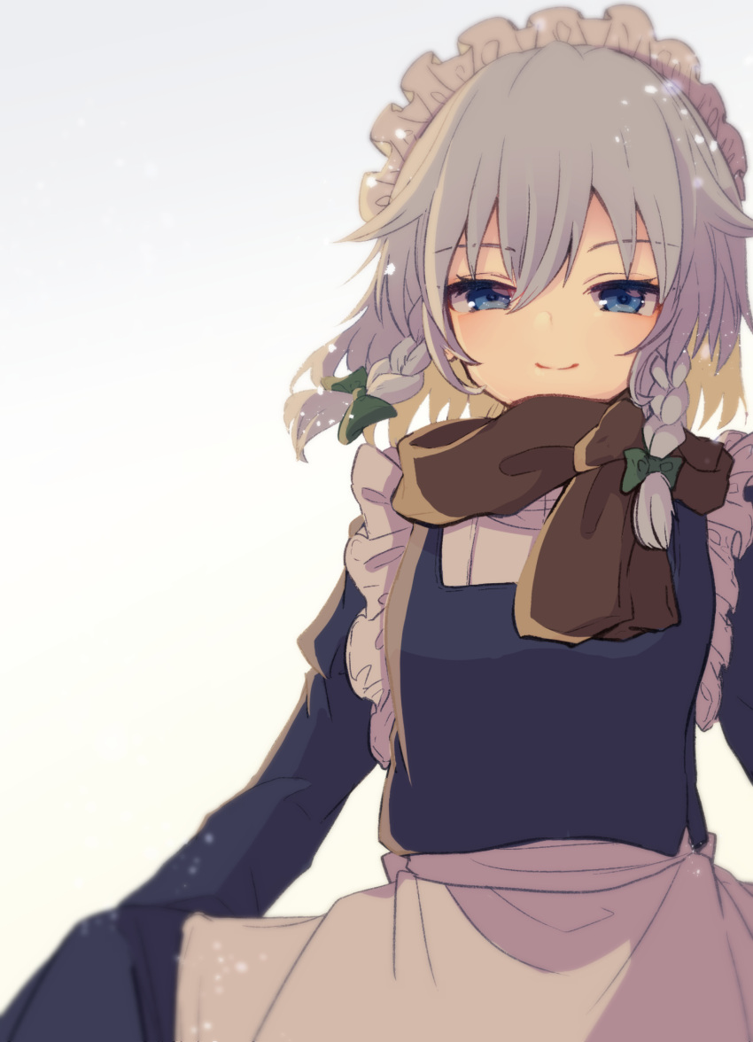 1girl aoi_(annbi) apron blue_eyes blue_vest bow braid brown_scarf commentary_request green_bow grey_background grey_hair hair_between_eyes hair_bow highres izayoi_sakuya long_sleeves looking_at_viewer maid_headdress medium_hair scarf smile solo touhou twin_braids upper_body vest