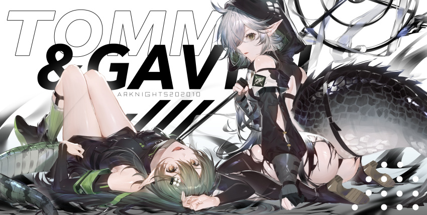 2girls absurdres arknights armband ass bangs bare_shoulders black_gloves black_legwear commentary_request crocodilian_tail detached_sleeves gavial_(arknights) gloves green_hair green_legwear hair_ornament hairclip hatachi8p highres holding holding_staff kneehighs long_hair looking_at_viewer lying multiple_girls on_back open_mouth orange_eyes parted_lips partially_fingerless_gloves pointy_ears silver_hair staff tail thigh-highs tomimi_(arknights) yellow_eyes