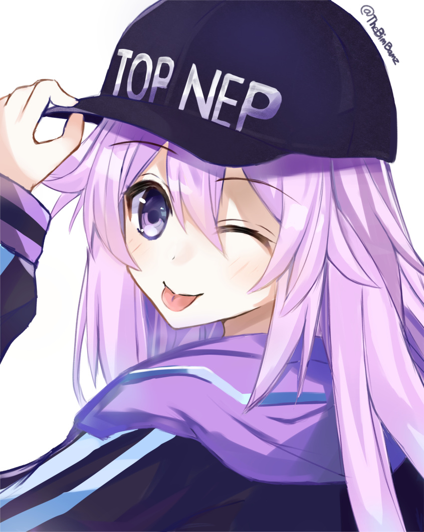 ;p adjusting_clothes adjusting_headwear adult_neptune bimmy black_jacket blush eyebrows_visible_through_hair face from_behind highres jacket long_hair looking_at_viewer meme_attire neptune_(series) one_eye_closed portrait purple_hair shin_jigen_game_neptune_vii simple_background tongue tongue_out top_nep_hat twitter_username violet_eyes white_background