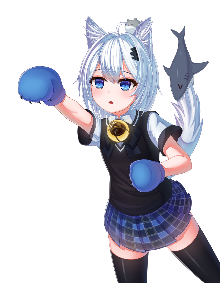 &gt;_&lt; 1girl absurdres ahoge animal animal_ear_fluff animal_ears bangs bell black_bow black_legwear blue_gloves blue_skirt blush bow character_request closed_eyes collared_shirt eyebrows_visible_through_hair gloves hair_between_eyes hair_intakes highres jingle_bell long_hair outstretched_arm parted_lips paw_gloves paws plaid plaid_skirt pleated_skirt shark shirt short_sleeves simple_background skirt solo stratosphere_(coom1017) sweater_vest tail tail_raised thigh-highs vrchat white_background white_hair white_shirt