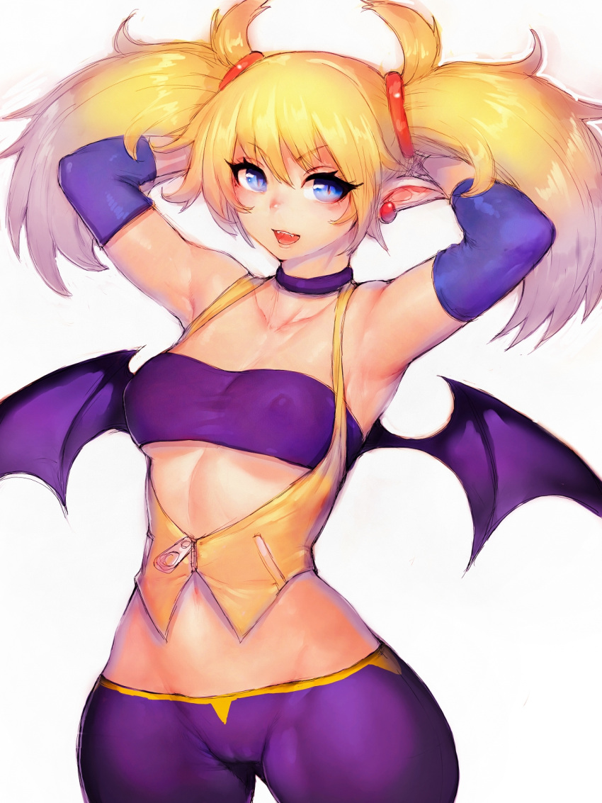 1girl arcana_heart armpits arms_behind_head blonde_hair blue_eyes breasts demon_wings earrings fumio_(rsqkr) highres jewelry lilica_felchenerow long_hair looking_at_viewer pointy_ears sharp_teeth simple_background smile solo teeth thighs twintails wings