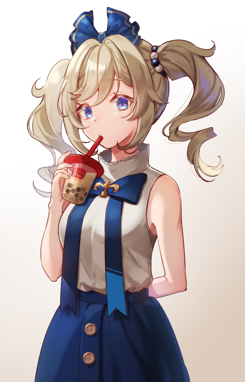 1girl barbara_(genshin_impact) bare_shoulders beads blonde_hair blue_bow blue_skirt bow bowtie bubble_tea casual chibi_vanille cup drill_hair drinking_straw genshin_impact hair_beads hair_bow hair_ornament highres looking_at_viewer skirt sleeveless solo twin_drills twintails