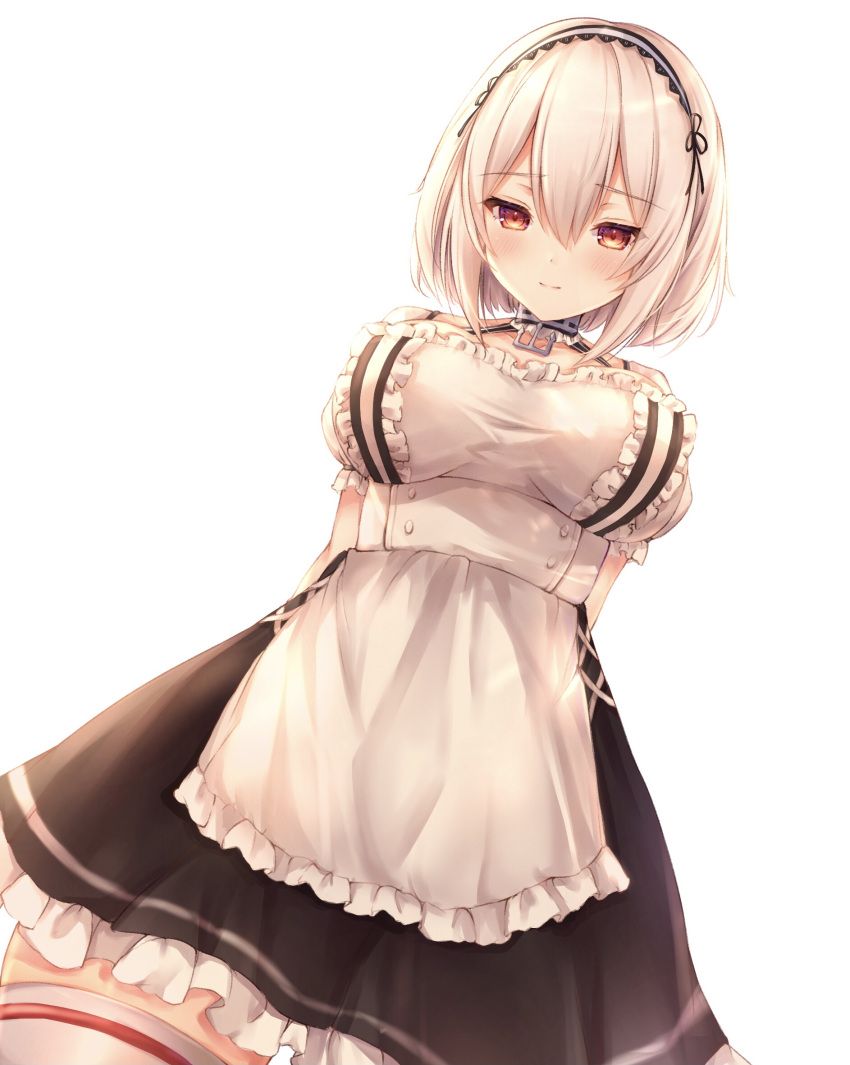 1girl anchor_ornament apron arms_behind_back azur_lane bangs black_skirt blush breasts closed_mouth commentary_request curtain_grab curtains eyebrows_visible_through_hair frilled_apron frilled_skirt frills hair_between_eyes hairband highres kiri_celea large_breasts looking_at_viewer maid red_eyes short_hair silver_hair simple_background sirius_(azur_lane) skirt smile solo thigh-highs two-tone_hairband underbust waist_apron white_apron white_background white_legwear