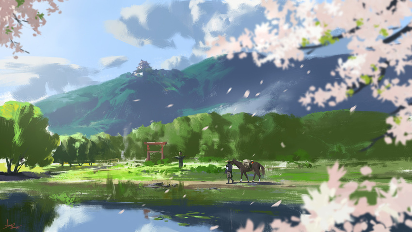 1other ambiguous_gender blue_sky blurry blurry_foreground cherry_blossoms clouds cloudy_sky commentary day depth_of_field english_commentary from_side hat highres horse ling_xiang mountain original outdoors rice_hat river scarecrow scenery sky torii tree walking