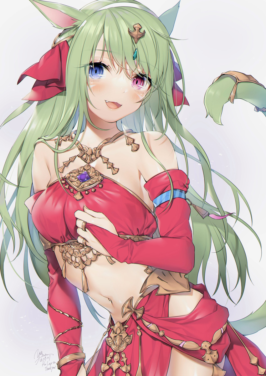 1girl absurdres animal_ears bandeau bangs bare_shoulders blush bridal_gauntlets cat_ears cat_tail dated detached_sleeves eyebrows_visible_through_hair facial_mark final_fantasy final_fantasy_xiv green_hair hair_ornament heterochromia highres long_hair looking_at_viewer midriff miqo'te navel open_mouth pelvic_curtain signature solo tail tail_ornament whisker_markings white_background yana_mori