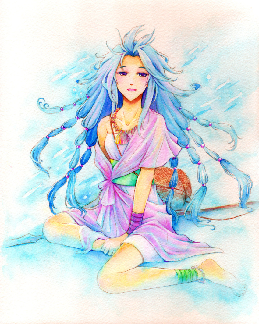 1girl ankle_wrap anklet barefoot beads blue_hair dress hands_on_feet highres jewelry long_hair multiple_tails necklace off_shoulder romancing_saga_2 romancing_saga_re;universe saga short_dress sitting smile tail traditional_media very_long_hair watercolor_(medium) wrist_wrap yuzology