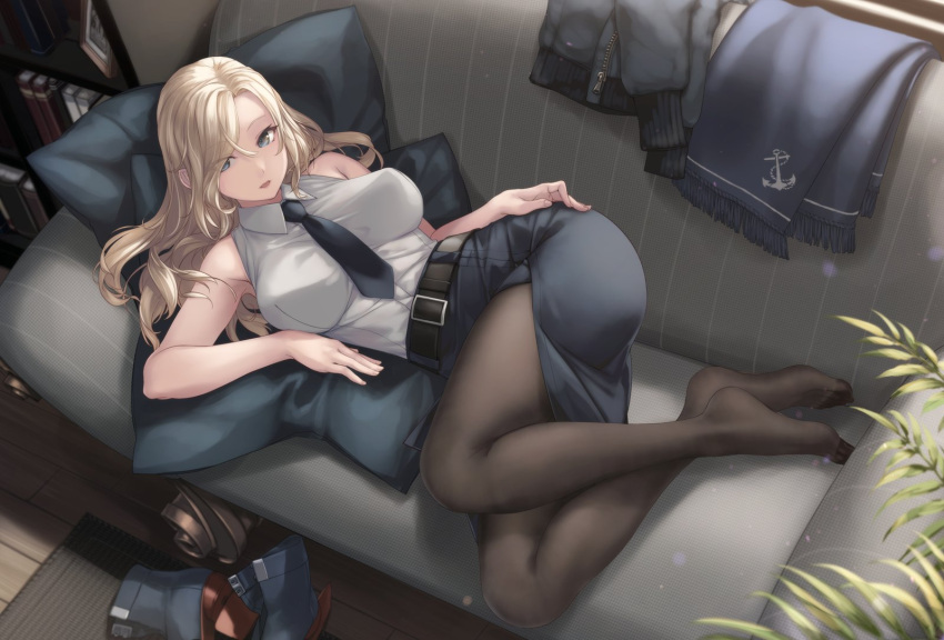 1girl belt belt_buckle black_belt black_jacket black_legwear black_neckwear blonde_hair blue_eyes bomber_jacket book bookshelf breasts buckle collared_shirt couch footwear_removed highres hornet_(kantai_collection) jacket jacket_removed kantai_collection large_breasts long_hair necktie open_mouth pantyhose rokuwata_tomoe rudder_footwear shirt sleeveless sleeveless_shirt solo white_shirt