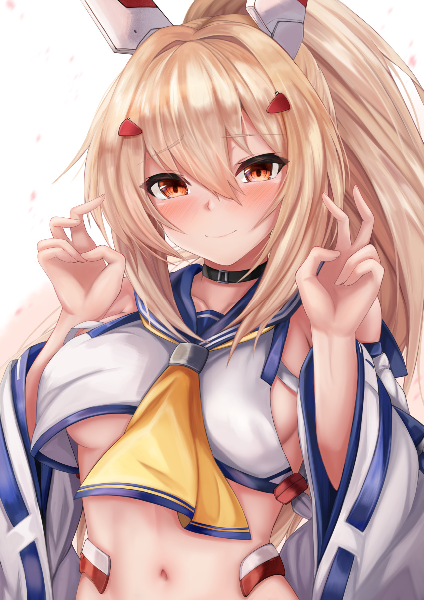 1girl absurdres ayanami_(azur_lane) azur_lane bangs bare_shoulders black_choker blue_sailor_collar blush breasts brown_eyes choker closed_mouth collarbone commentary_request crop_top detached_sleeves eyebrows_visible_through_hair hair_between_eyes hair_ornament hairclip hands_up headgear high_ponytail highres light_brown_hair long_hair long_sleeves medium_breasts navel ponytail retrofit_(azur_lane) ryara sailor_collar shirt smile solo under_boob upper_body white_background white_shirt white_sleeves wide_sleeves yellow_neckwear