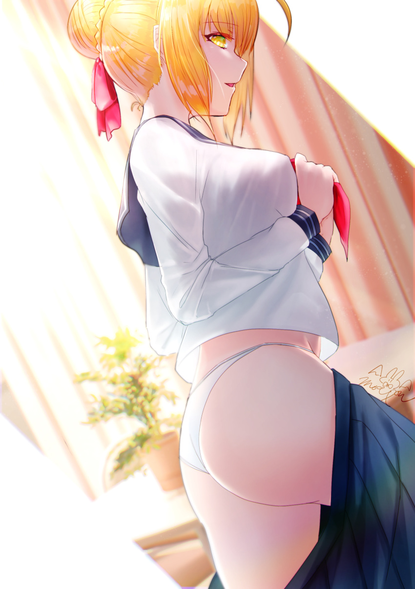 1girl absurdres ahoge ass backlighting bangs blonde_hair blue_sailor_collar blue_skirt braid breasts curtains fate/extra fate_(series) french_braid green_eyes hair_bun hair_intakes highres large_breasts long_hair long_sleeves moepon neckerchief nero_claudius_(fate) nero_claudius_(fate)_(all) parted_lips plant potted_plant red_neckwear sailor_collar school_uniform serafuku shirt skirt smile thighs white_shirt window