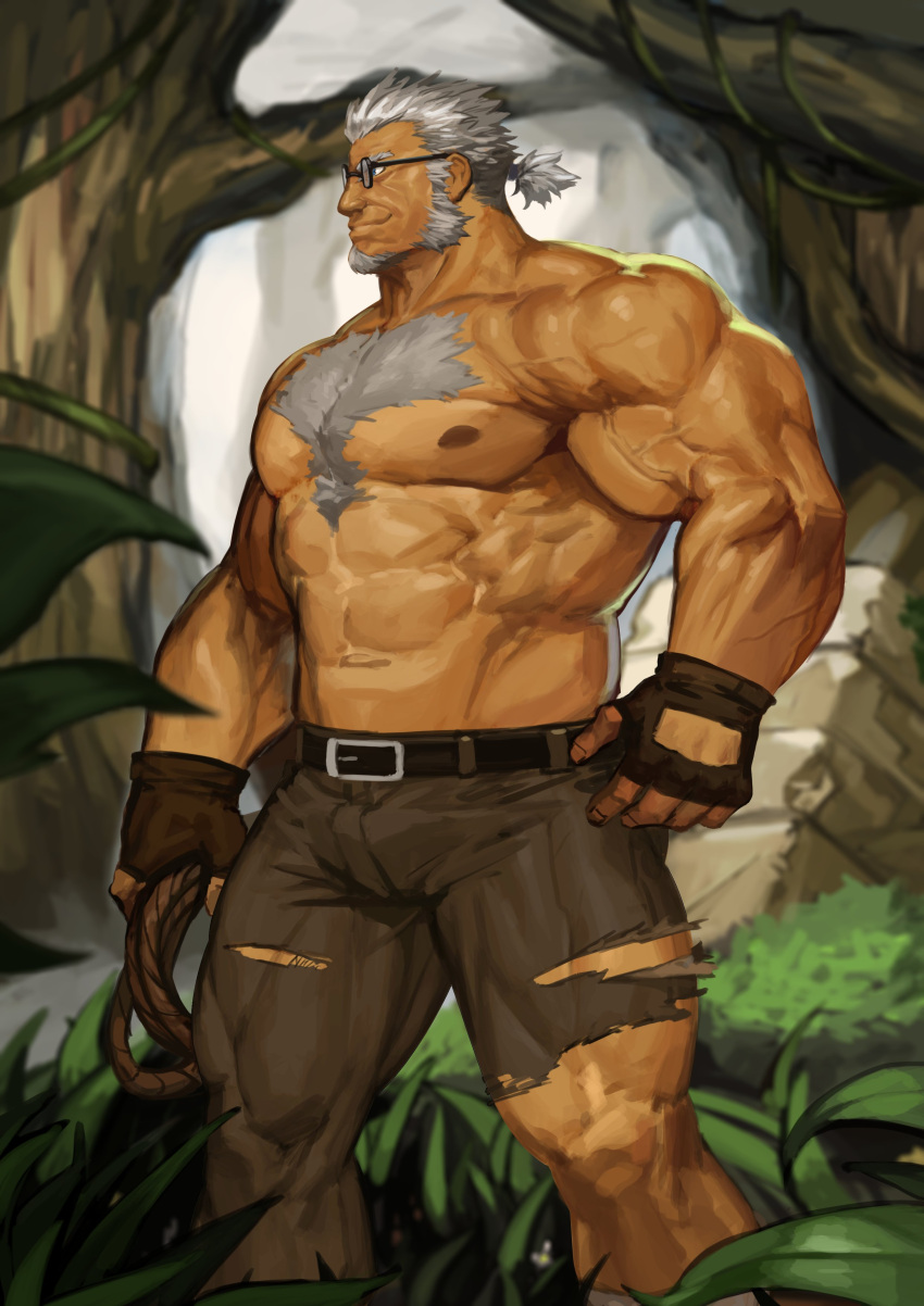 1boy abs absurdres bara blue_eyes brown_gloves brown_pants bulge chest chest_hair facial_hair gloves goatee grey_hair highres live_a_hero male_focus marfik_(live_a_hero) muscle navel nipples old_man pants shirtless short_hair sideburns solo thick_thighs thighs tied_hair torn_clothes torn_pants traver009