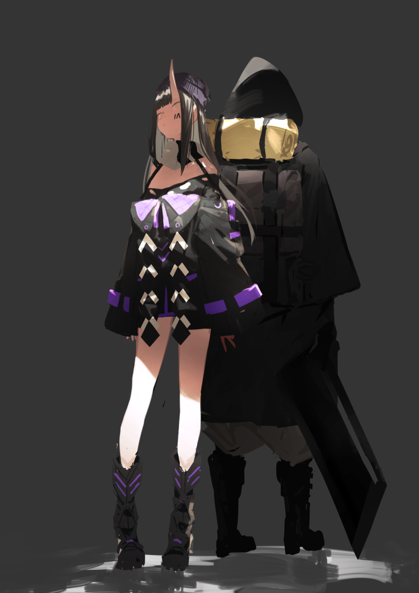 1girl 1other back-to-back backpack bag bangs bare_shoulders beanie bedroll black_hair blade boots closed_mouth facial_mark grey_background hat highres holding holding_weapon hood hood_up horns kuronoiparoma long_hair oni oni_horns original purple_headwear scarf simple_background single_horn sleeves_past_wrists standing v weapon yellow_eyes