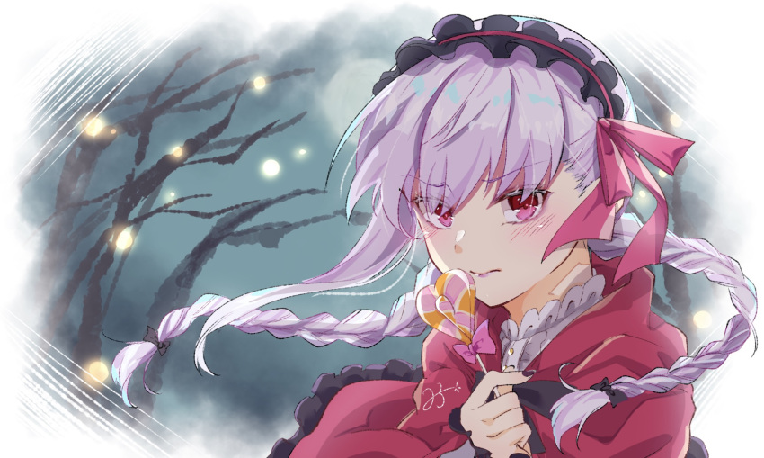 1girl 23xxx bangs blush braid breasts candy cape fate/grand_order fate_(series) food frilled_hairband frills hair_ribbon hairband halloween_costume highres hood hooded_cape kama_(fate/grand_order) large_breasts lollipop long_hair long_sleeves looking_at_viewer night night_sky pink_eyes pink_ribbon red_cape ribbon silver_hair sky twin_braids