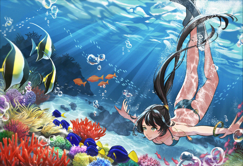 1girl air_bubble bangle bikini black_hair bracelet bubble coral diving fish flippers freediving hair_ornament hairpin highres hino0629 jewelry light_rays long_hair long_ponytail multicolored multicolored_eyes ocean_bottom original outstretched_arms ponytail sunlight swimming swimsuit tropical_fish underwater