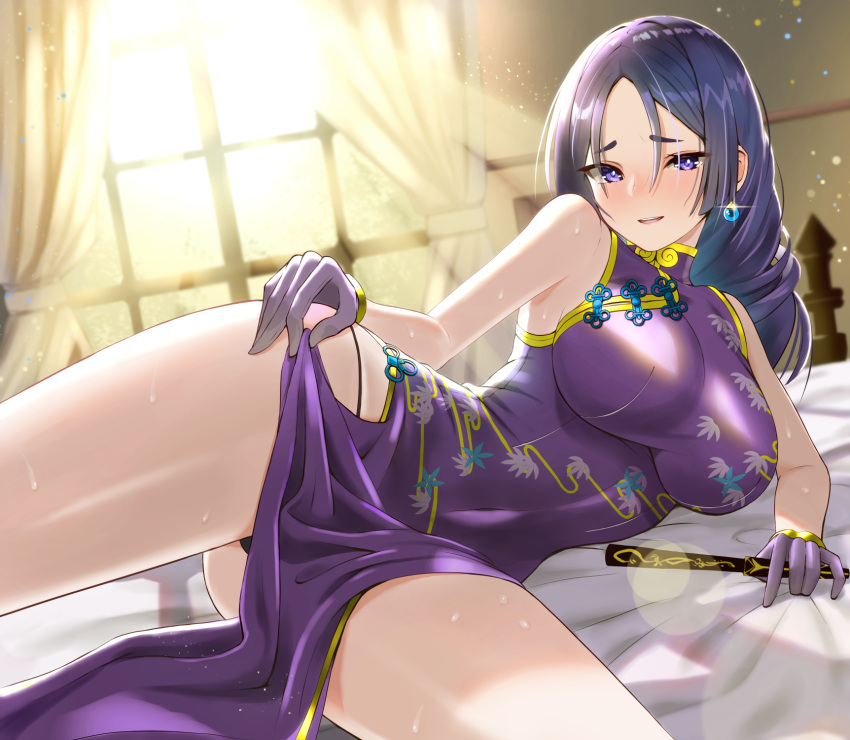 1girl backlighting bangs bare_shoulders blush breasts china_dress chinese_clothes covered_navel dress earrings fan fate/grand_order fate_(series) folding_fan gloves heroic_spirit_traveling_outfit highres inari_(ambercrown) jewelry large_breasts leaf_print long_hair looking_at_viewer low-tied_long_hair lying minamoto_no_raikou_(fate/grand_order) on_bed on_side parted_bangs purple_dress purple_gloves purple_hair smile very_long_hair violet_eyes window