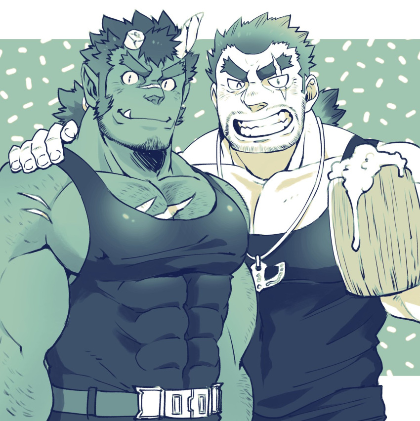 2boys bara bare_arms bare_shoulders black_tank_top blue_theme character_request chest chest_hair chest_scar covered_abs covered_nipples ezaki_papiko facial_hair hand_on_another's_shoulder highres horns male_focus multiple_boys muscle red_oni_(tokyo_houkago_summoners) scar scar_across_eye short_hair sideburns stubble tank_top thick_eyebrows tokyo_houkago_summoners upper_body